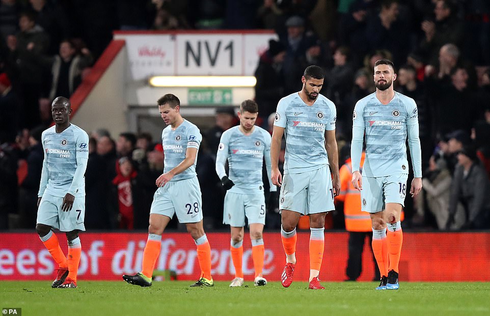 The Chelsea players are left dejected following Bournemouth's fourth goal of the game