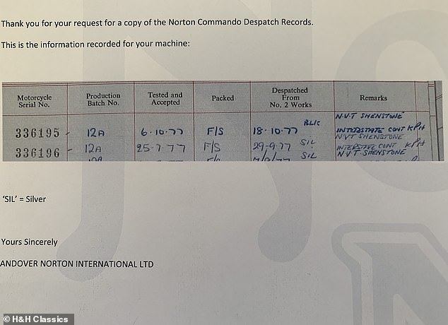 Records show that the Norton was originally shipped to the first keeper in Belgium on 18 October 1977