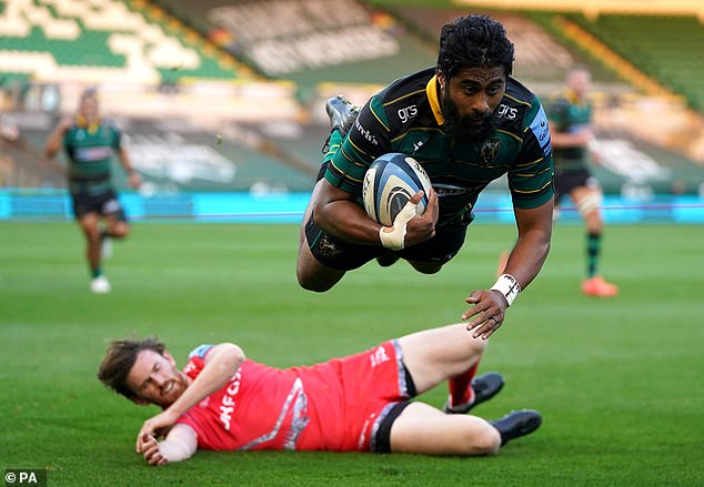 Ahsee Tuala pictured scoring Northampton Saints' first try of the Premiership fixture