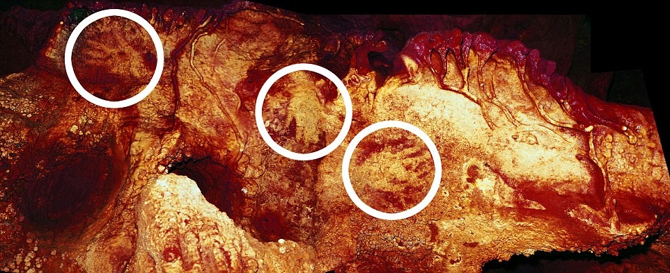 Another Maltravieso Cave showing three hand stencils (circled). One has been dated to at least 66,000 years ago and must have been made by a Neanderthal. The enhanced colour of the photo shows the outline of the hands. The research team believe that the stencils indicate a distinct attempt at art