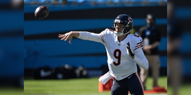 Chicago Bears quarterback Nick Foles (9) passes against the Carolina Panthers during the first half of an NFL football game in Charlotte, N.C., Sunday, Oct. 18, 2020. (AP Photo/Mike McCarn)