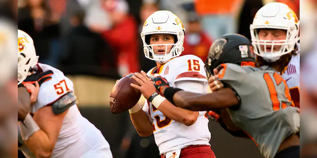 Iowa State quarterback Brock Purdy (15) looks for a receiver during an NCAA college football game Saturday, Oct. 24, 2020, in Stillwater, Okla. (AP Photo/Brody Schmidt)