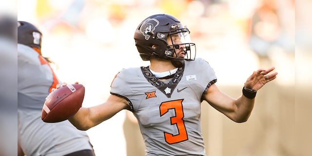 Oklahoma State quarterback Spencer Sanders (3) throws a pass during an NCAA college football game Saturday, Oct. 24, 2020, in Stillwater, Okla. (AP Photo/Brody Schmidt)