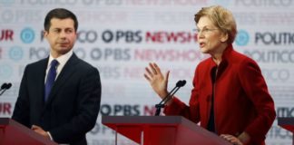Buttigieg calls out Warren for fundraiser attack: ‘Your net worth is 100 times mine’ Democratic presidential candidate Sen. Elizabeth Warren, D-Mass., right, speaks as South Bend Mayor Pete Buttigieg listens during a Democratic presidential primary debate Thursday, Dec. 19, 2019, in Los Angeles. (AP Photo/Chris Carlson)